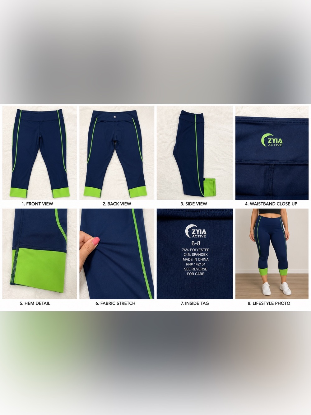 Zyia Active Navy & Neon Green Capri Leggings Size 6-8 Athletic Workout Pants